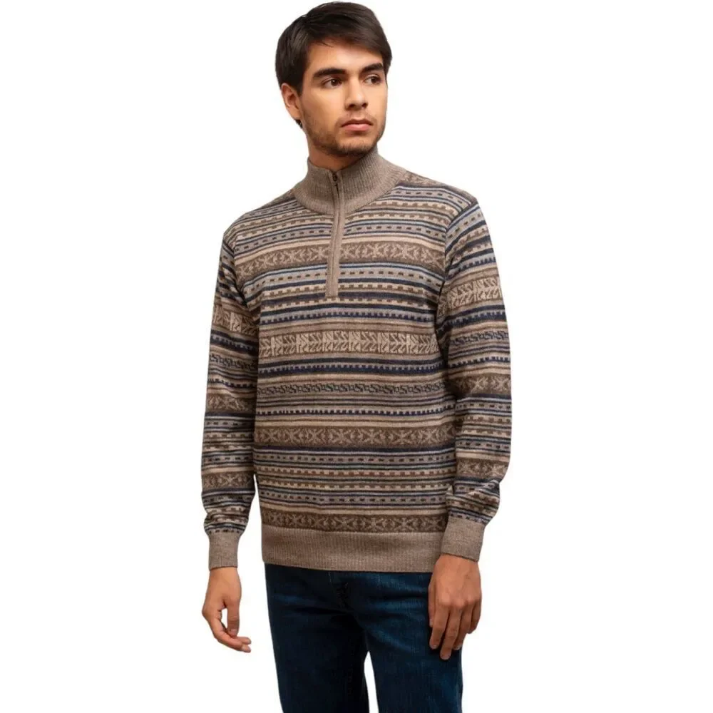 Pure Alpaca Augusto Baby Alpaca Peruvian Geometric Quarter Zip Sweater Beige SM